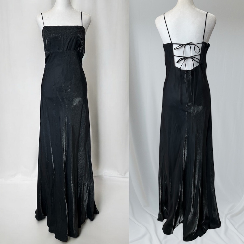 NWT Vintage 90s Y2K Celavie Collection Black Beaded Back Tie Maxi Dress XL